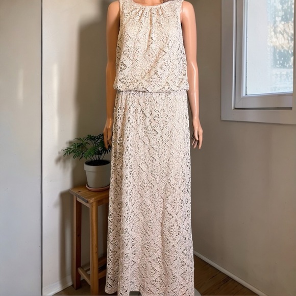 London Times Crochet Maxi Dress Size 10 Beige Boho Lined - Picture 2 of 8